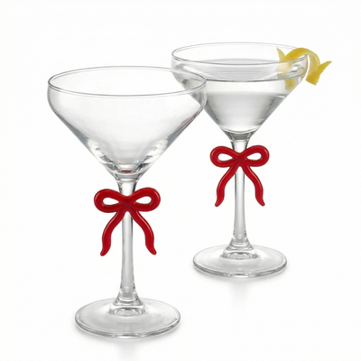 Clear Martini Glass with Red Bow on Stem, Set of 2