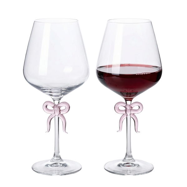 Large Clear Wine Glass with Pink Bow on Stem, Set of 2