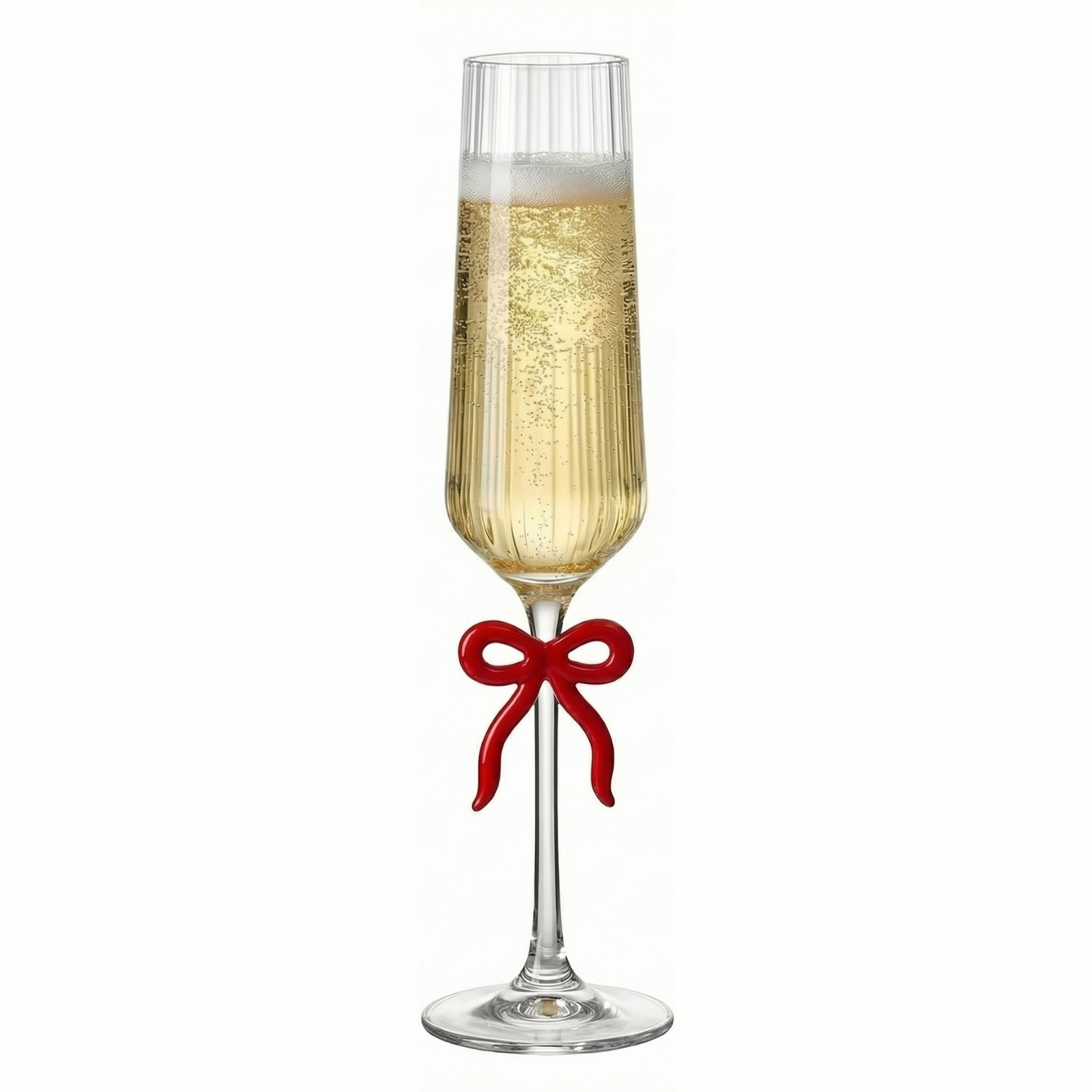 Single Ribbed Clear Champagne Glass with Red Bow on Stem