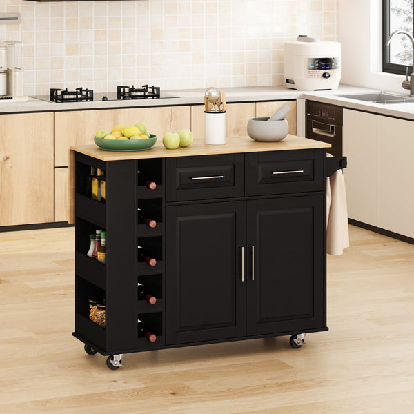 Multi-Functional Kitchen Island Cart with 2 Door Cabinet and Two Drawers,Spice Rack, Towel Holder, Wine Rack, and Foldable Rubberwood Table Top (Black) V.I.P Digital Presence