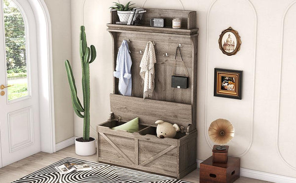 Hall tree with storage desk, entrance desk with drawers and 5 hooks, display rack,Oak