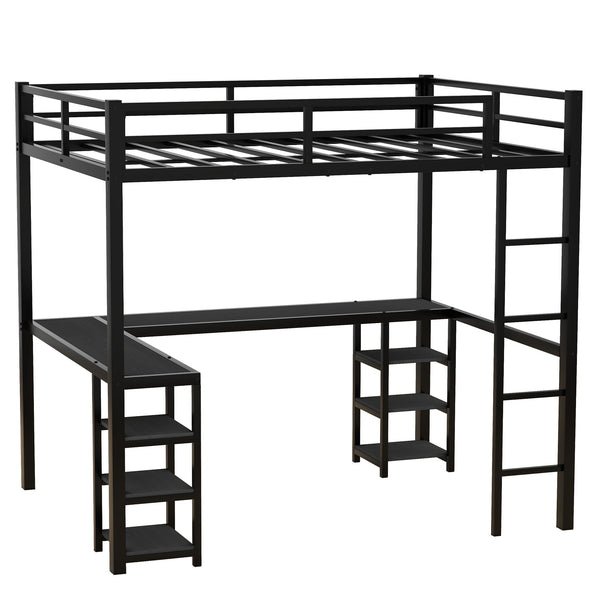 All metal loft bed with desk and shelf, loft bed with ladder and guardrail, black with black desk