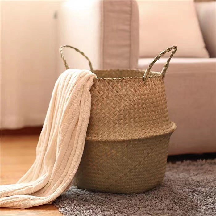 Scandinavian Style Wicker Handbasket Flower Pot Rattan Weave Plant Grass Woven Floor Folding Wicker Basket Weaving