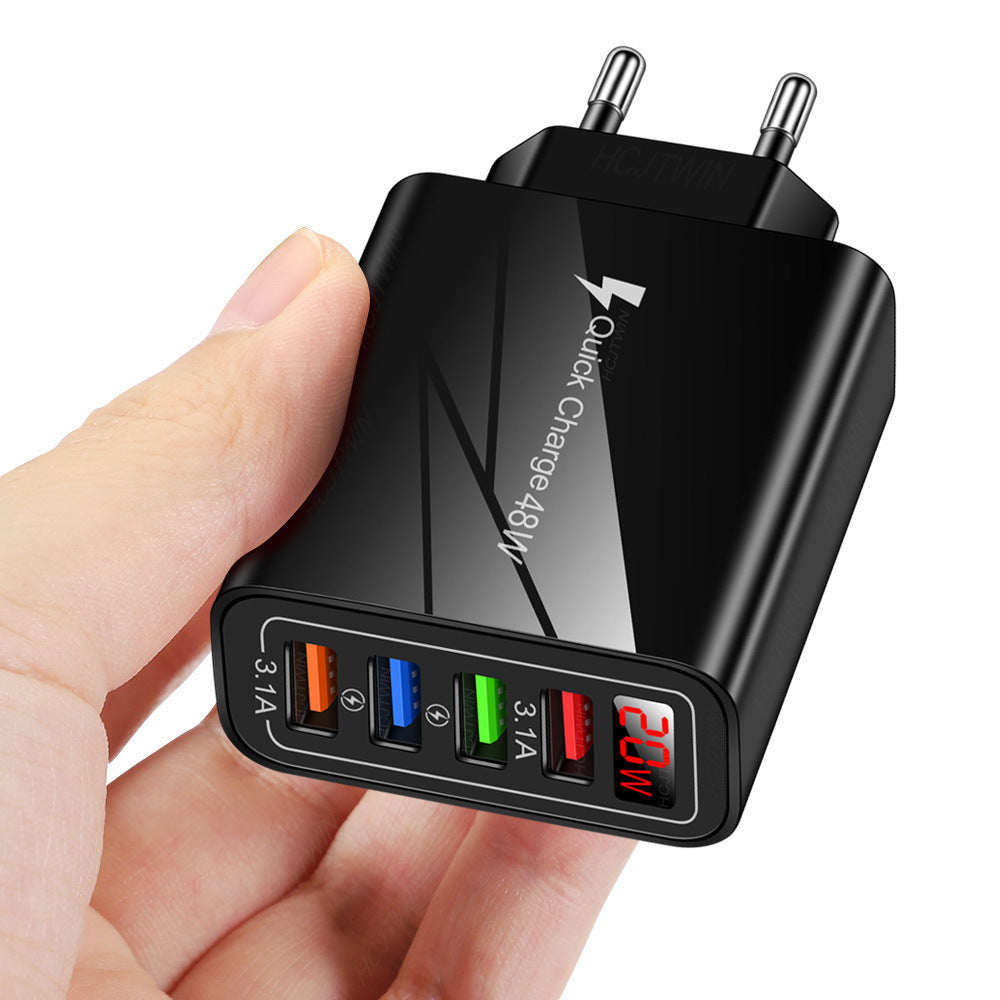 4 USB digital display mobile phone charger, European, American and British standard multi port charger with display screen