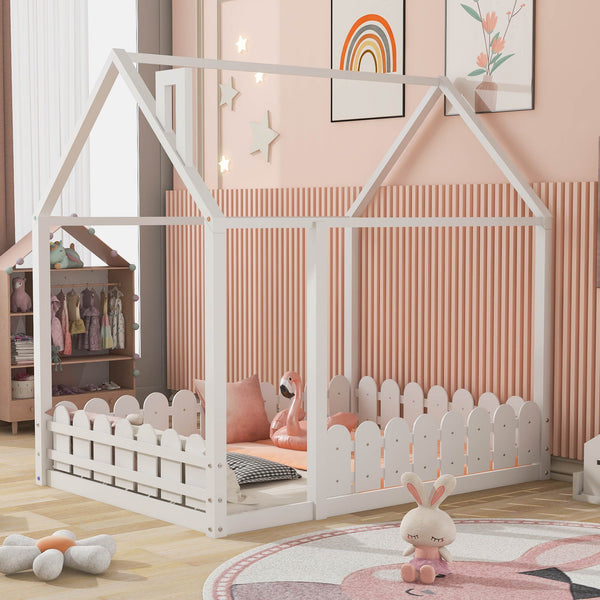 (Slats are not included) Full Size Wood Bed House Bed Frame with Fence for Kids Teens Girls Boys (White ) - Gifts for You 'n Me