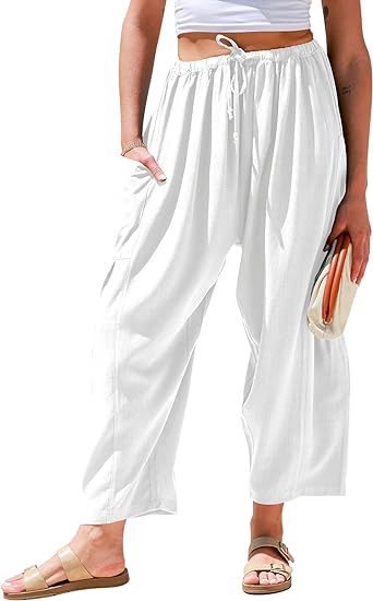 European and American women's elastic waisted pleated high waisted wide leg loose Haren cotton linen pants