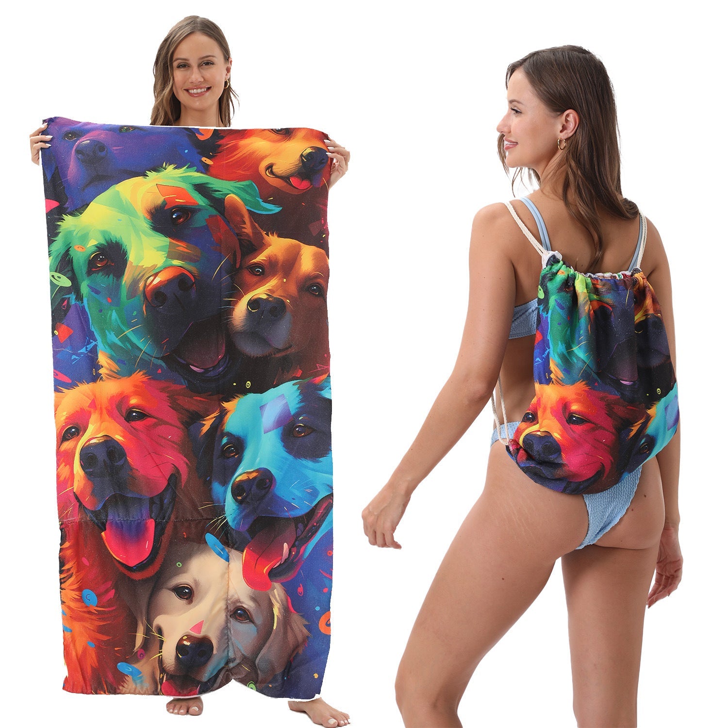 Two-in-One Foldable Beach Towel Printed Bath Towel All-In-One Beach Towel with Storage Bag