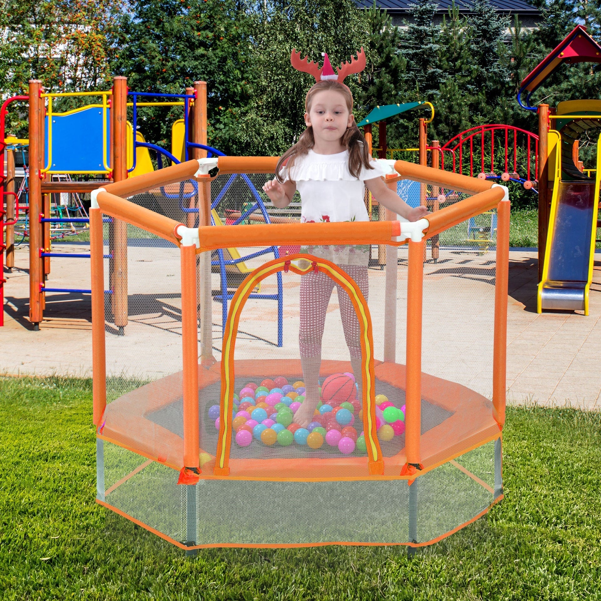 55'' Toddlers Trampoline with Safety Enclosure Net and Balls, Indoor Outdoor Mini Trampoline for Kids