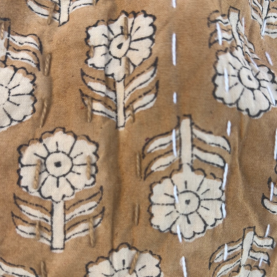 Mustard Yellow Flowers Block Print Cotton Kantha Quilt (Events)