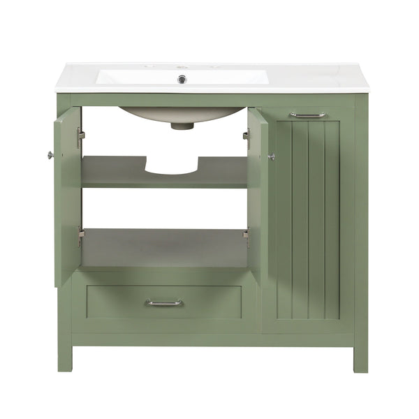 36 inch bathroom vanity with sink, one double door cabinet one large drawer and one flip drawer solid wood and MDF board, green