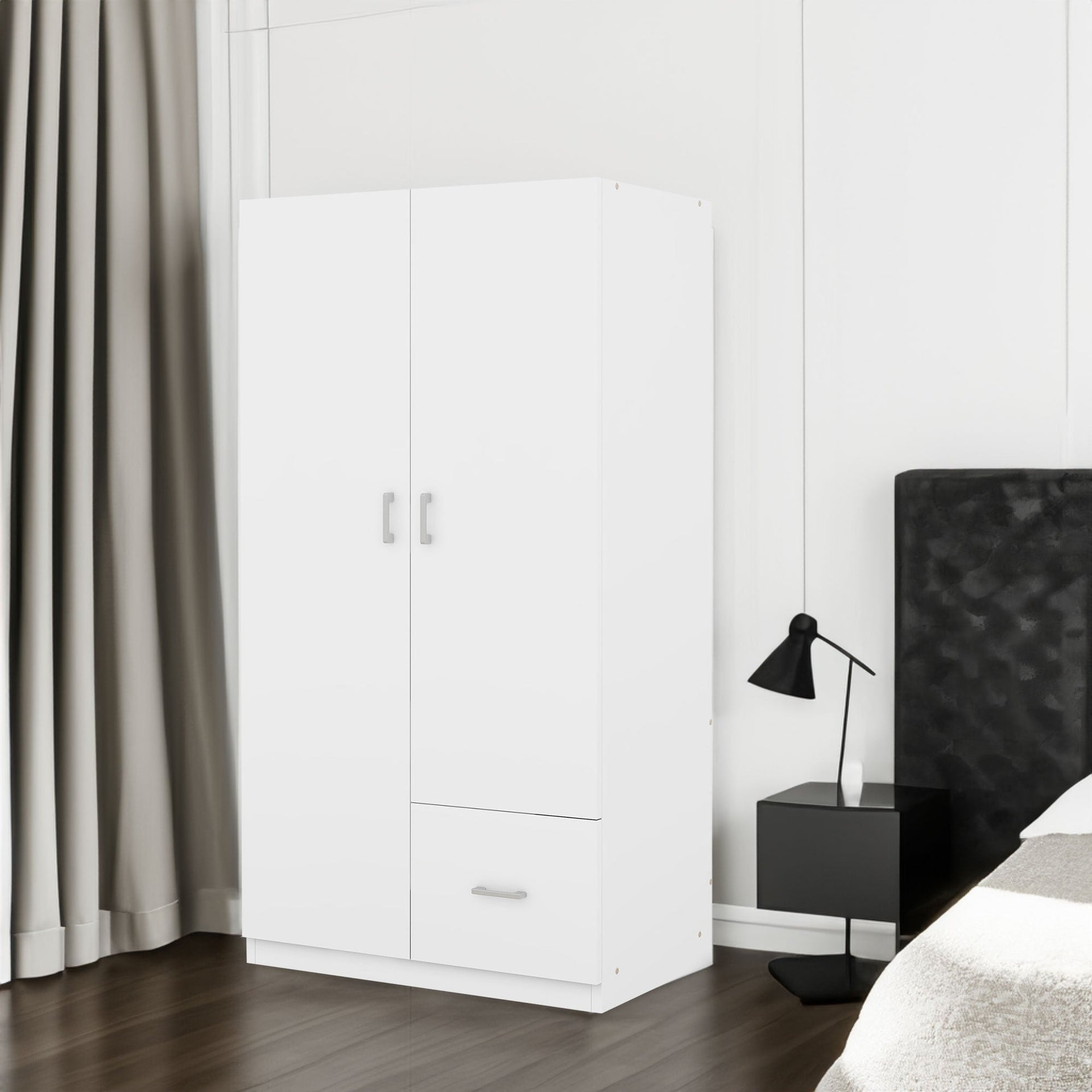 Wooden Wardrobe with Double Doors, Armoire with Hanging Rod, 5 Fixed Shelves, One Storage Drawer,White