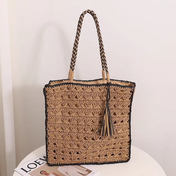 Square tassel single shoulder grass woven bag small fresh hollow handmade grass woven bag women's beach bag