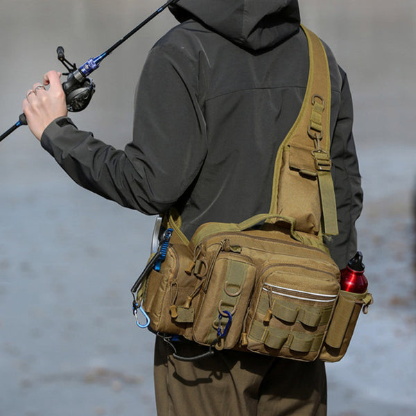 Men's Fishing Backpack: Equipped with bait box, equipment storage bag, pole holder, sling & shoulder bag design.