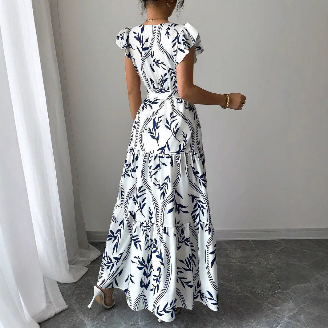 Spring Summer New Printed Ruffled V-Neck Sexy Fitted Slimming Long Dress Gown