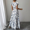 Spring Summer New Printed Ruffled V-Neck Sexy Fitted Slimming Long Dress Gown