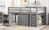 Low Study Full Loft Bed with Cabinet Shelves and Rolling Portable Desk Multiple Functions Bed- Gray - Gray + Solid Wood + Full