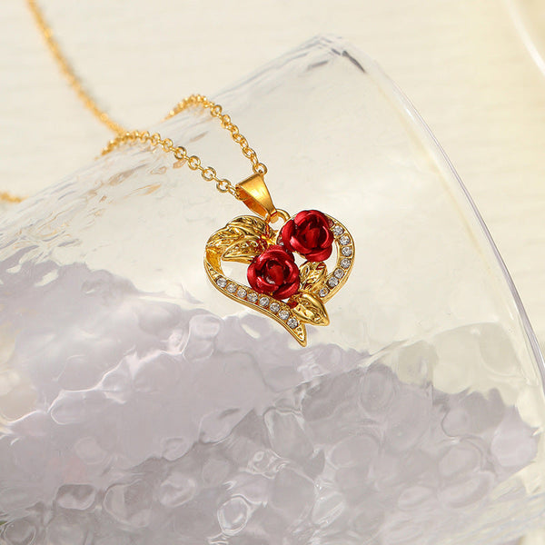 Creative Love Rose Heart Pendant Necklace For Women Exquisite Zircon Forever Necklace Romantic Valentines Day Jewelry