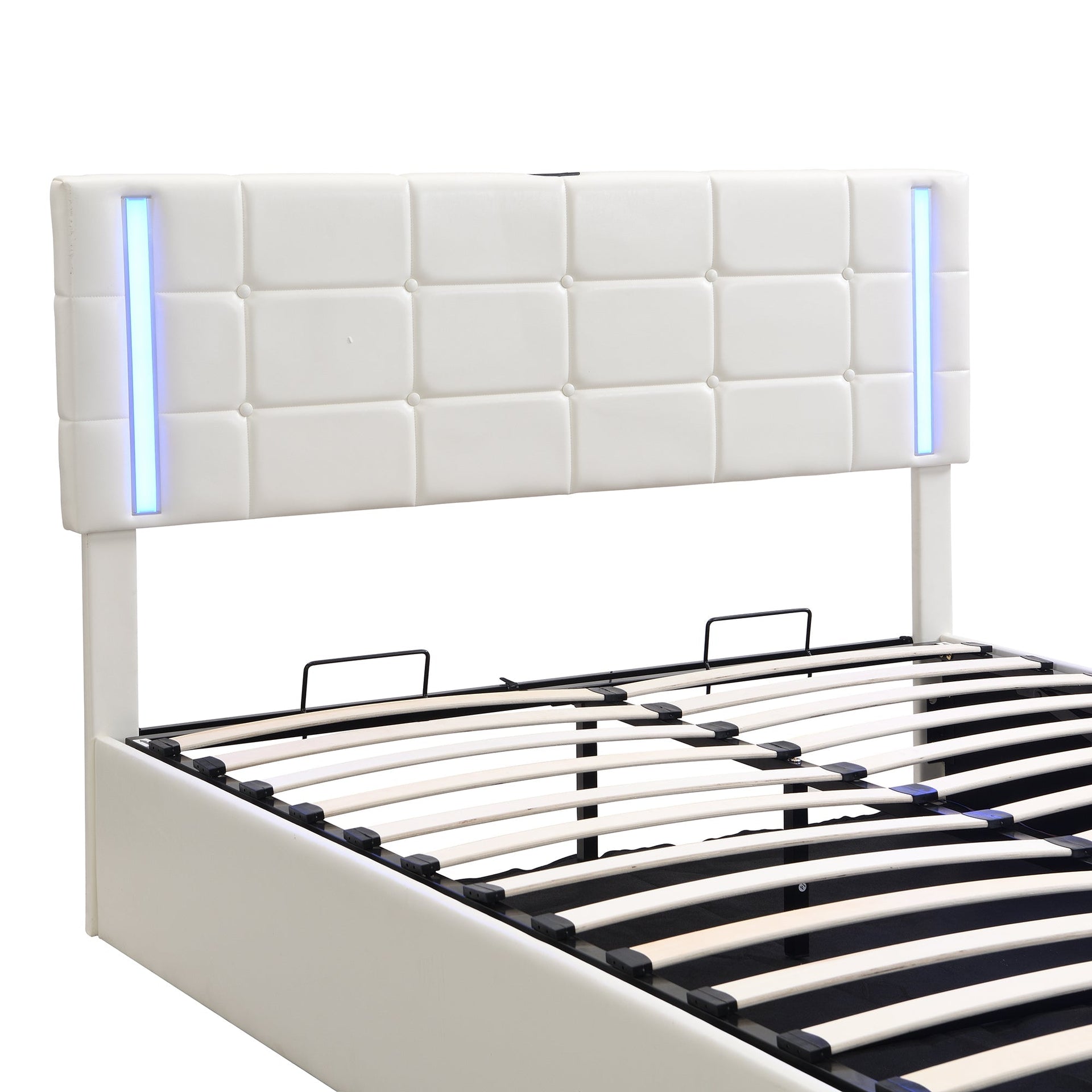 Queen Size Upholstered Bed with LED Lights,Hydraulic Storage System and USB Charging Station,White V.I.P Digital Presence