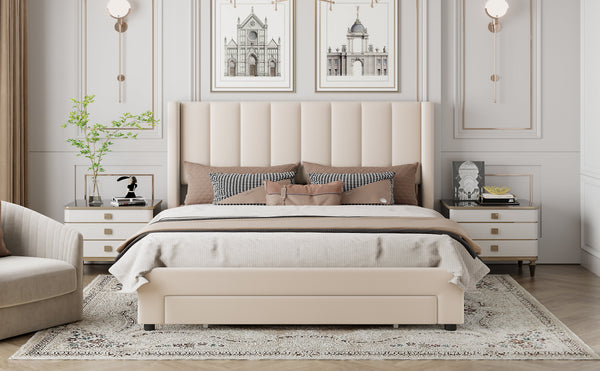Queen Size Storage Bed Velvet Upholstered Platform Bed with a Big Drawer - Beige