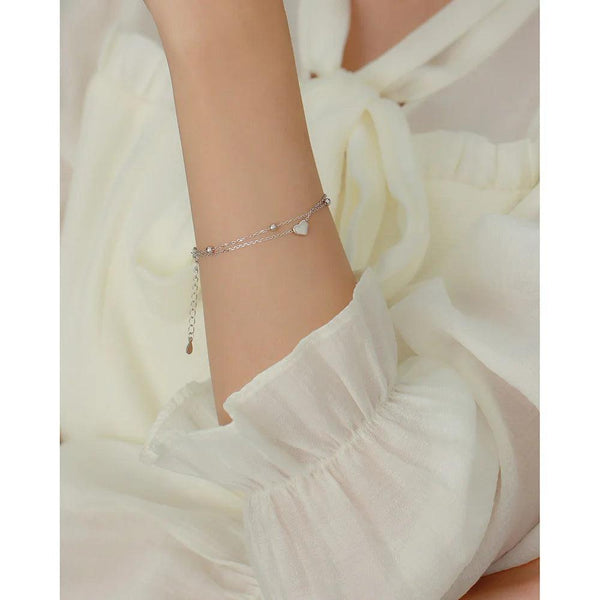 925 Sterling Silver Double Layer Heart-shaped Bracelet  for Women Girl Korean Style Small Fresh Summer Bracelet