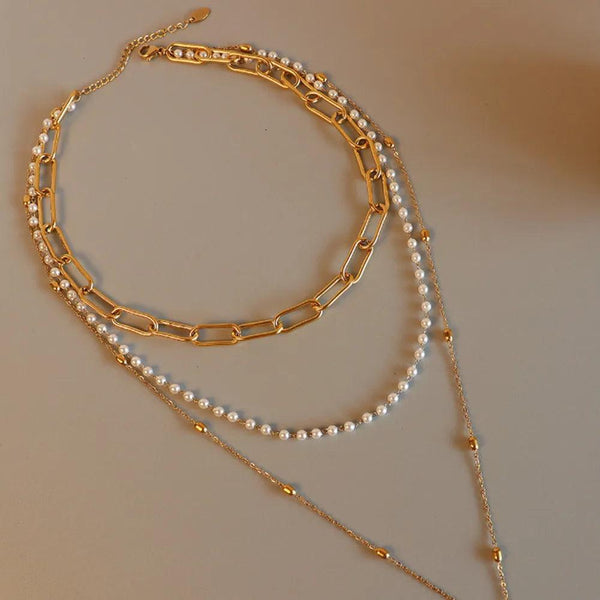Synthetic Pearl Titanium Steel Three-Layered Necklace