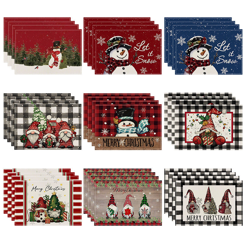 Christmas Snowman Linen Meal Mat Snowflake Grid Printed Table Mat Christmas Party Decoration Insulation Mat Holiday Decoration