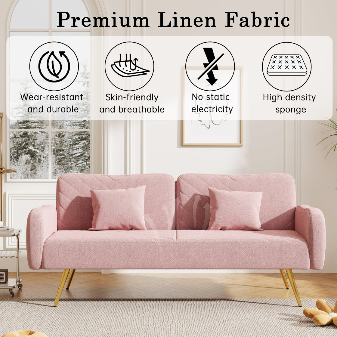 Pink sofa with premium linen fabric features displayed on a light background