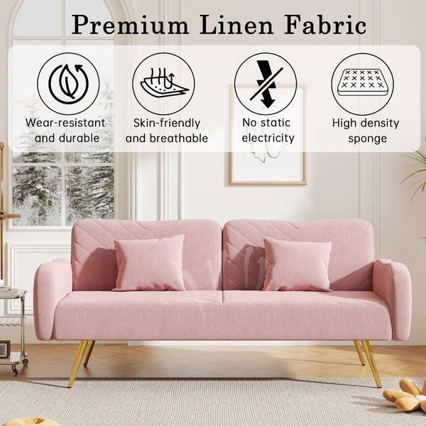 Pink sofa with premium linen fabric features displayed on a light background