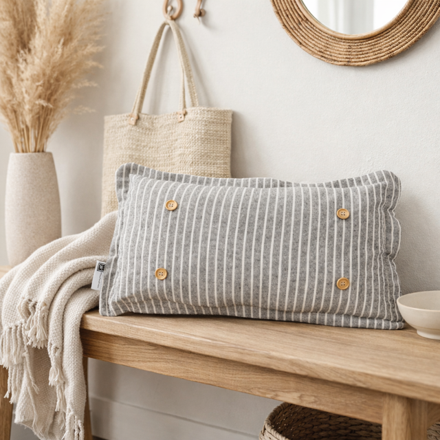 PILLOW ONLY (with fluffy insert): Galvinized Charcoal/Cream Farm Stripes: RECTANGLE CREAM/ DARK CHARCOALSTRIPES PILLOW (with insert)
