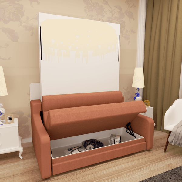 Full size Morden Deisgn vertical Murphy bed with sofa and drawers, white wall bed, space saving hidden bed with new gas pillars