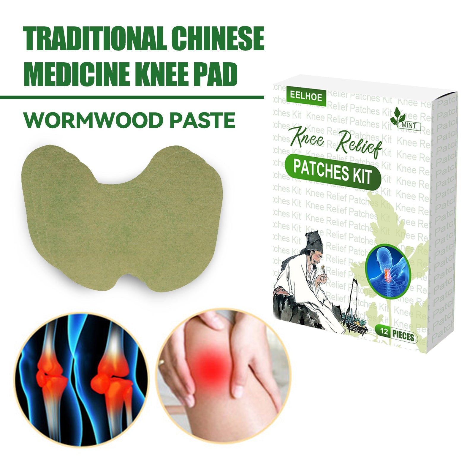 Knee Relief Patches Kit, Maintenance Knee Joint Lumbar Pain Relief Pain Plaster Wormwood Patch