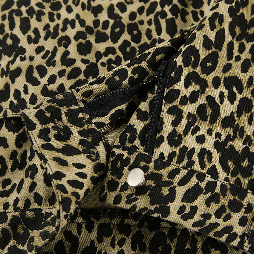 American retro leopard print casual pants with high waist design niche fashion loose and wide leg pants