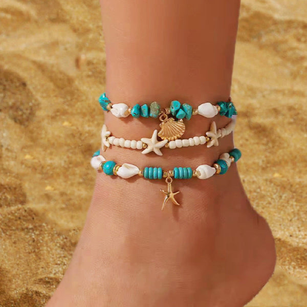 Vacation beach style turquoise set with special dense chain, simple starfish multi-layer rice bead ankle chain