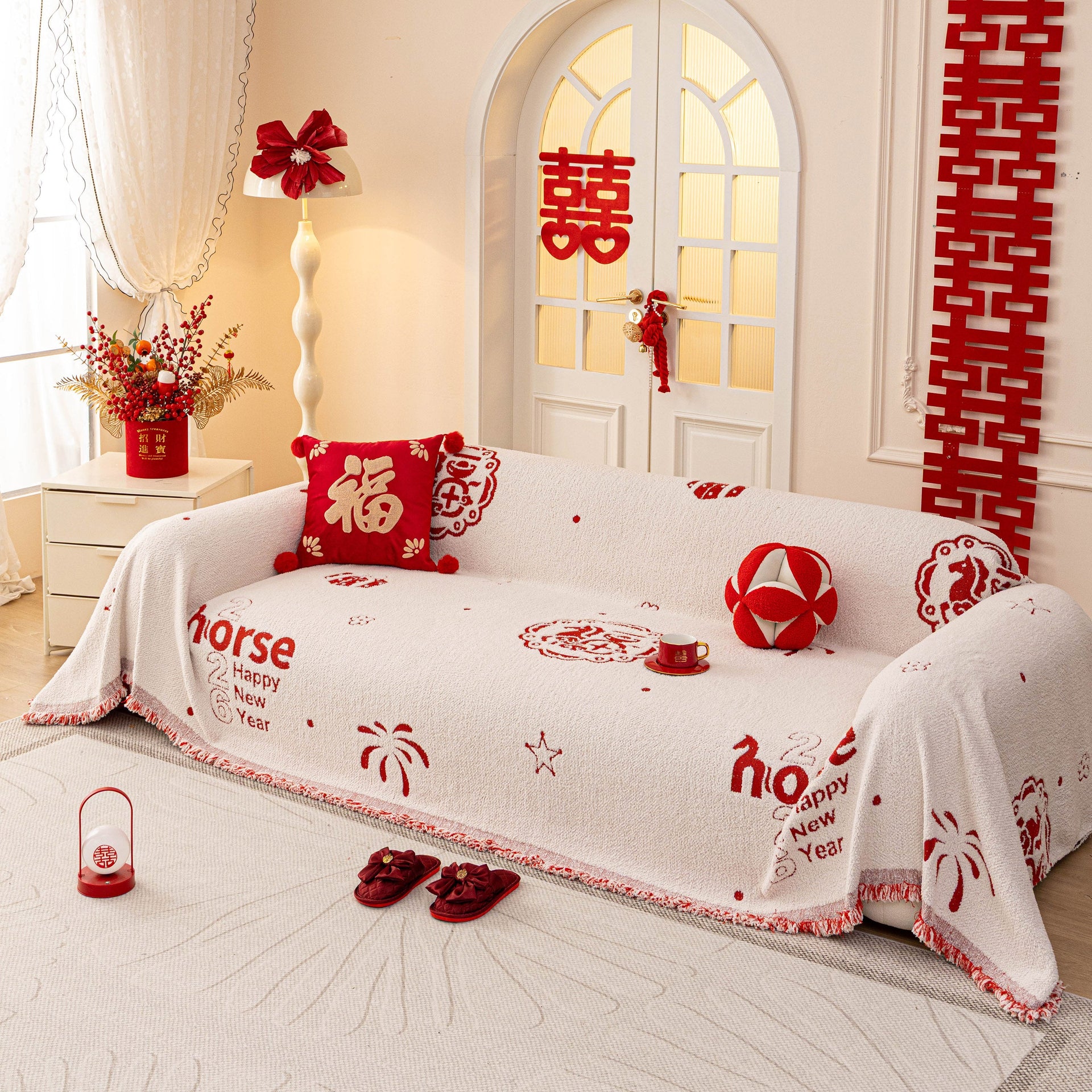 Chinese New Year Sofa Throw Cover Blanket, Decor Festive Red Fu Pattern Couch Cover