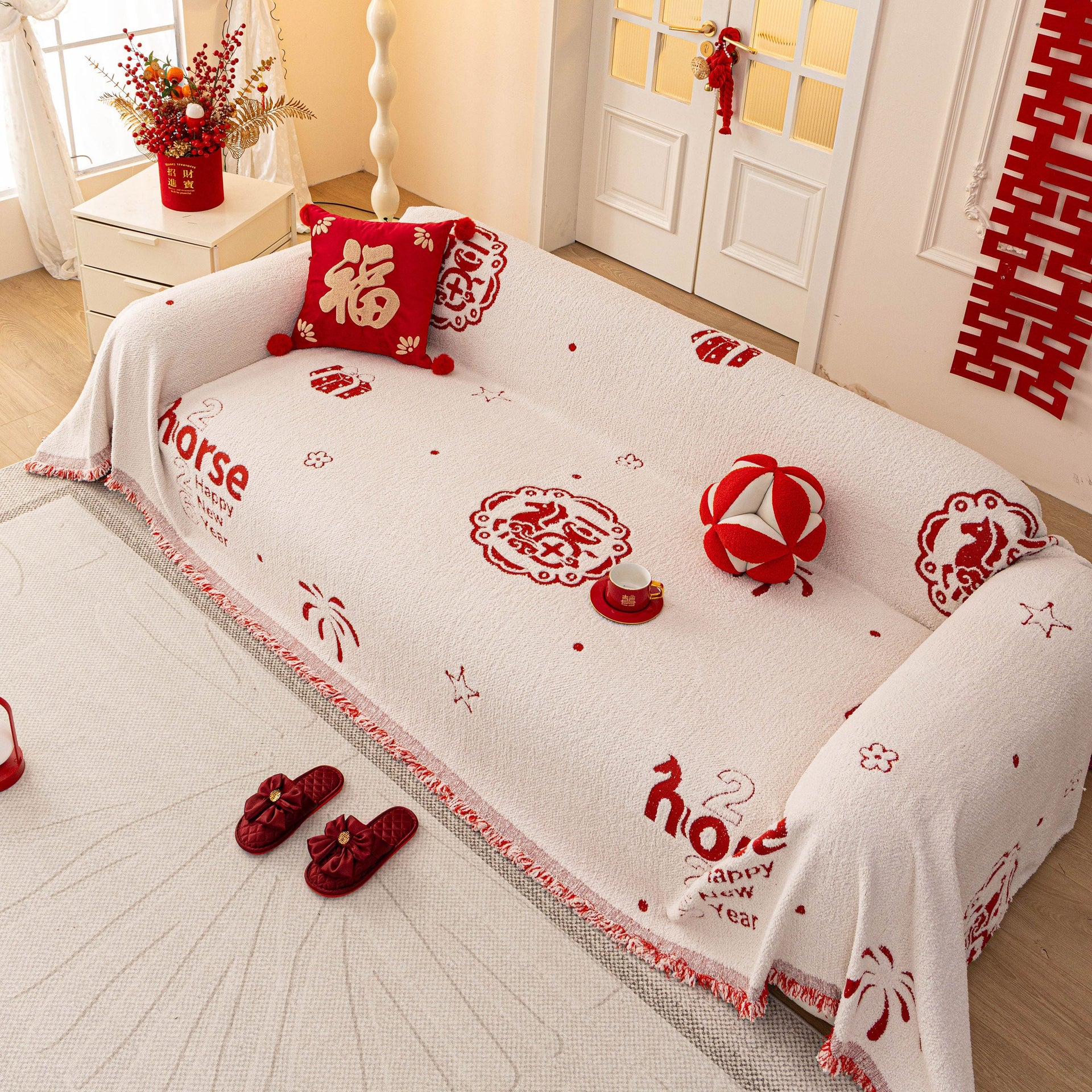 Chinese New Year Sofa Throw Cover Blanket, Decor Festive Red Fu Pattern Couch Cover