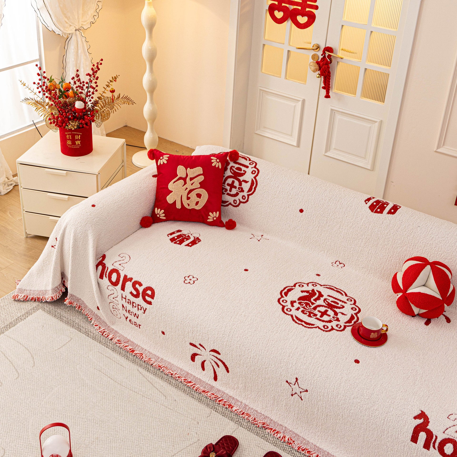 Chinese New Year Sofa Throw Cover Blanket, Decor Festive Red Fu Pattern Couch Cover