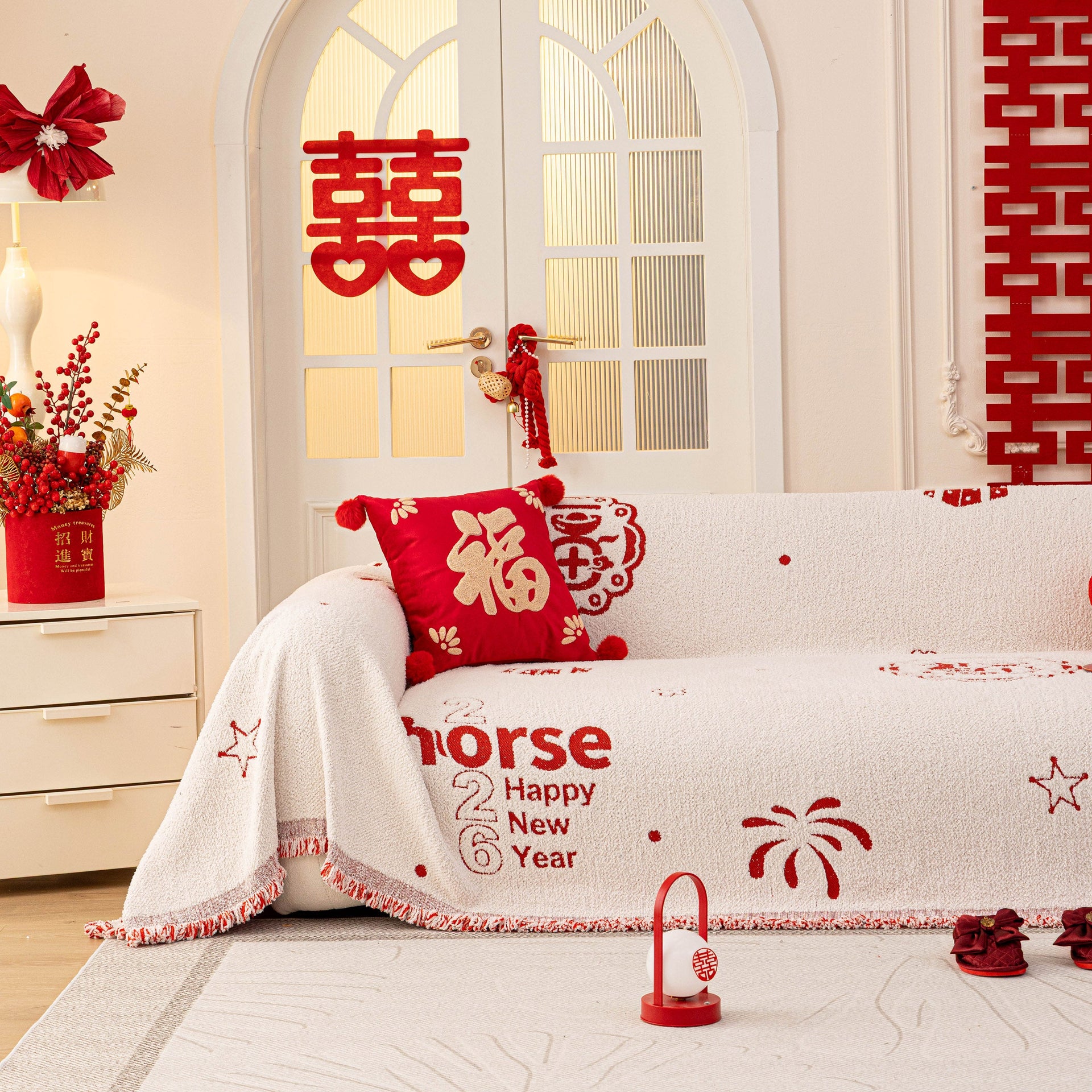 Chinese New Year Sofa Throw Cover Blanket, Decor Festive Red Fu Pattern Couch Cover