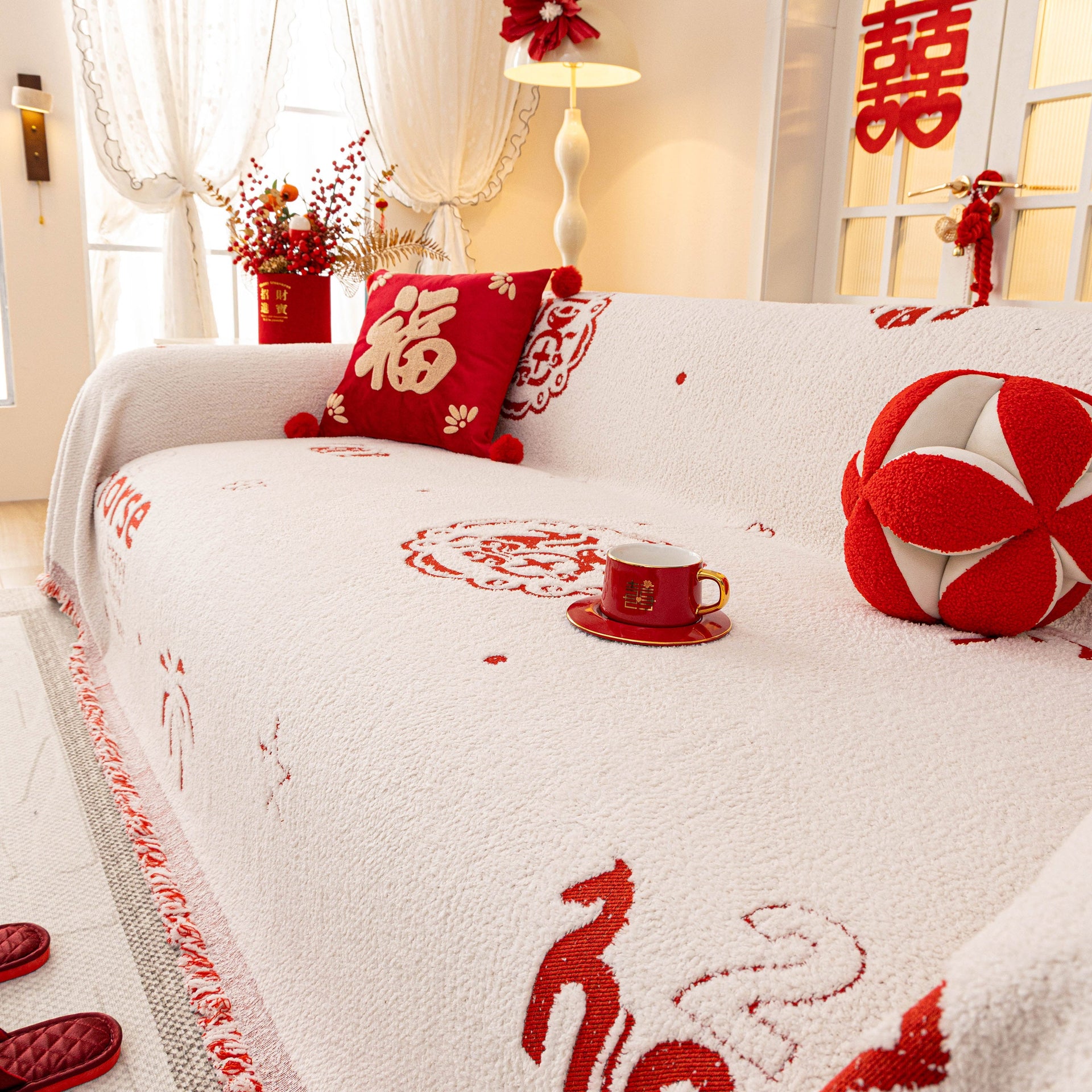 Chinese New Year Sofa Throw Cover Blanket, Decor Festive Red Fu Pattern Couch Cover