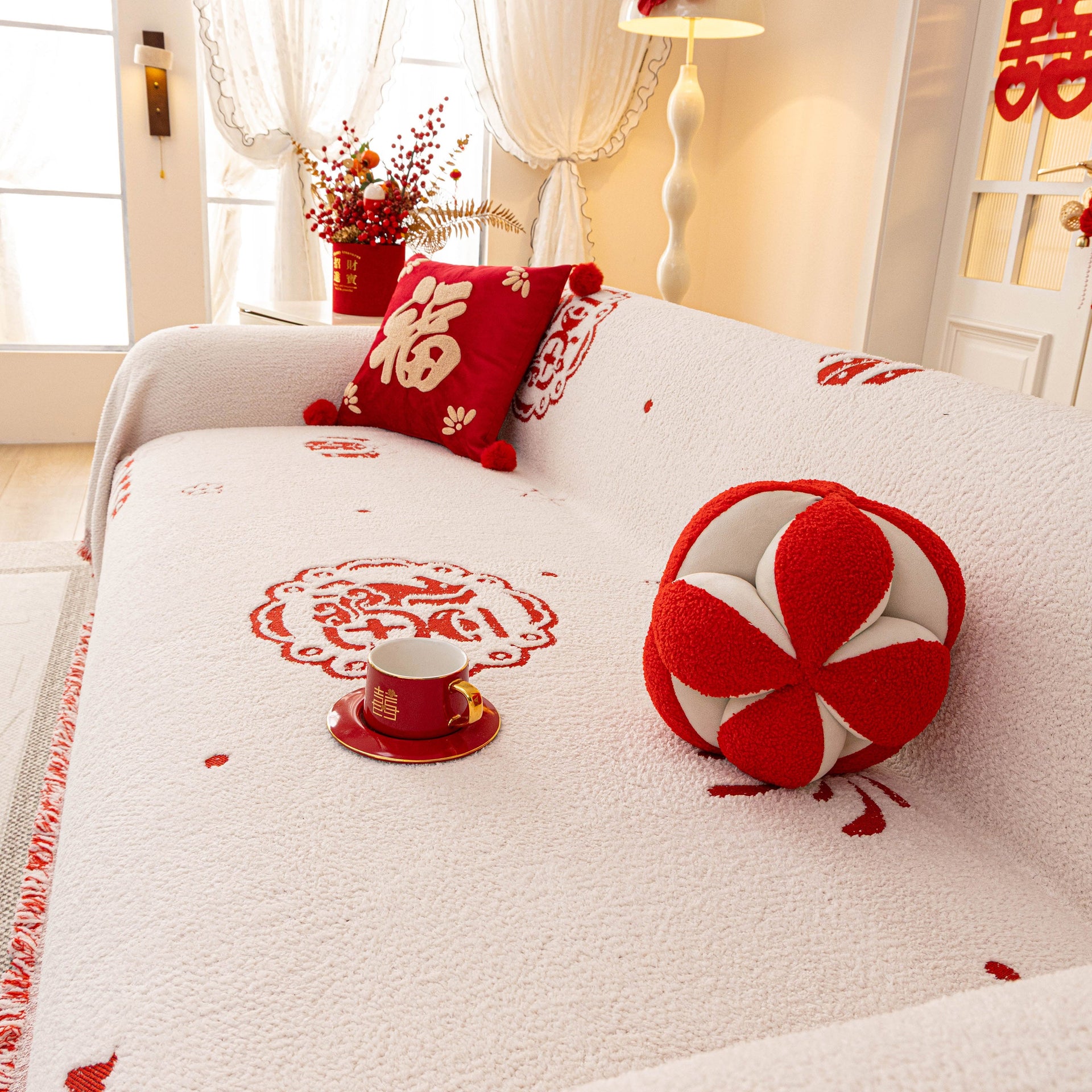 Chinese New Year Sofa Throw Cover Blanket, Decor Festive Red Fu Pattern Couch Cover
