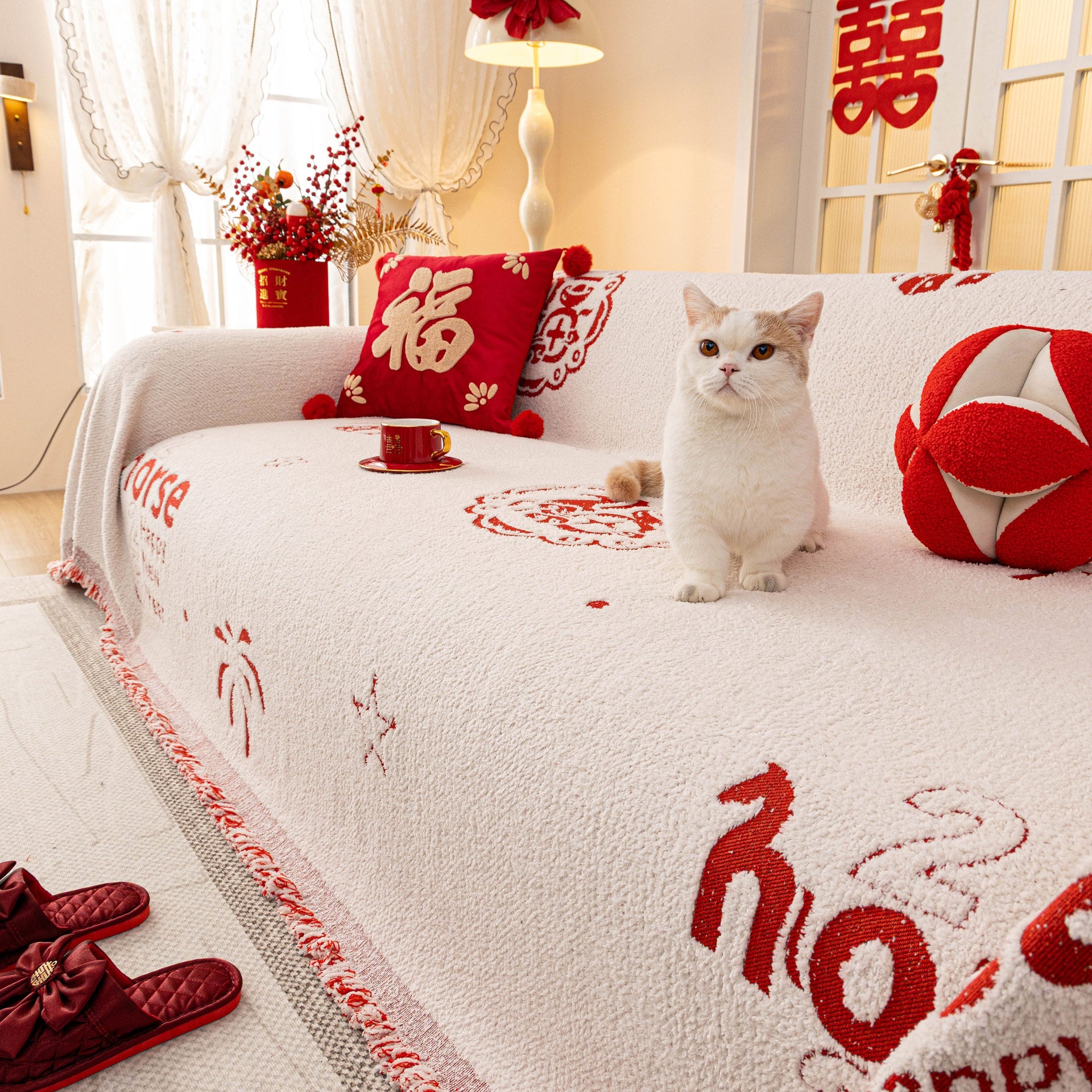 Chinese New Year Sofa Throw Cover Blanket, Decor Festive Red Fu Pattern Couch Cover