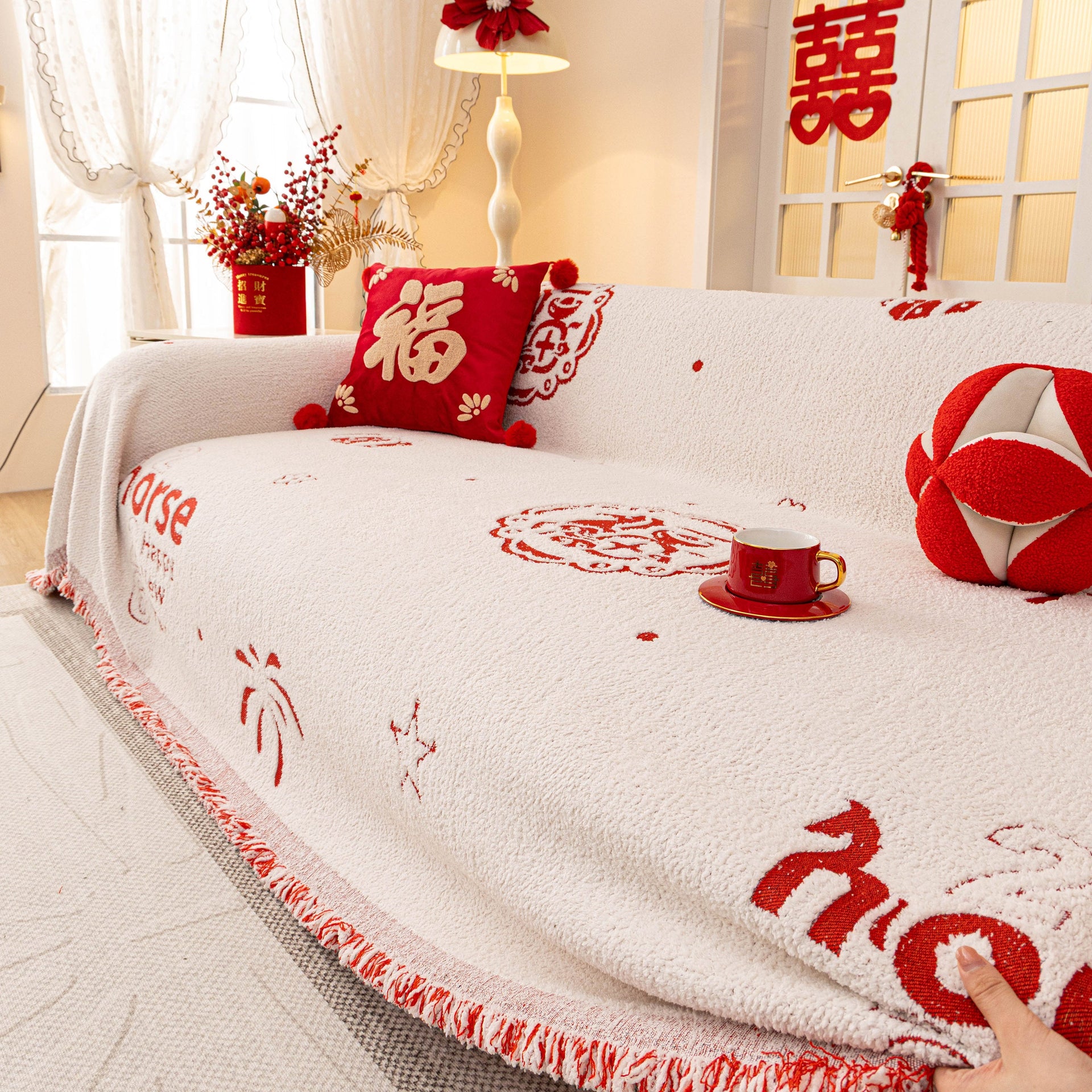 Chinese New Year Sofa Throw Cover Blanket, Decor Festive Red Fu Pattern Couch Cover