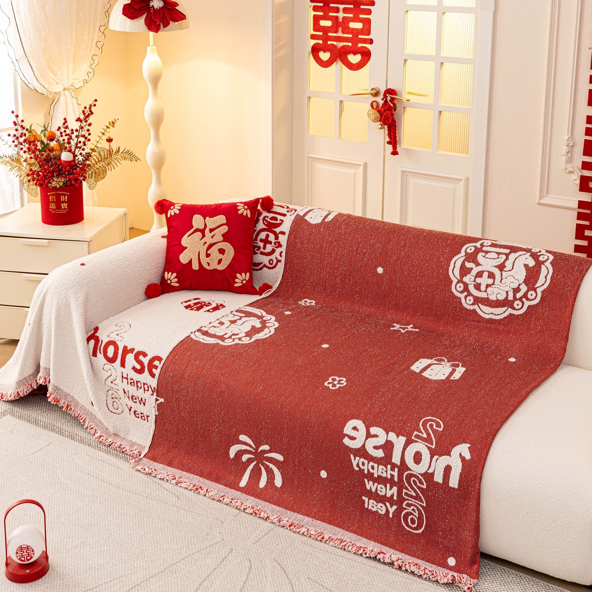 Chinese New Year Sofa Throw Cover Blanket, Decor Festive Red Fu Pattern Couch Cover