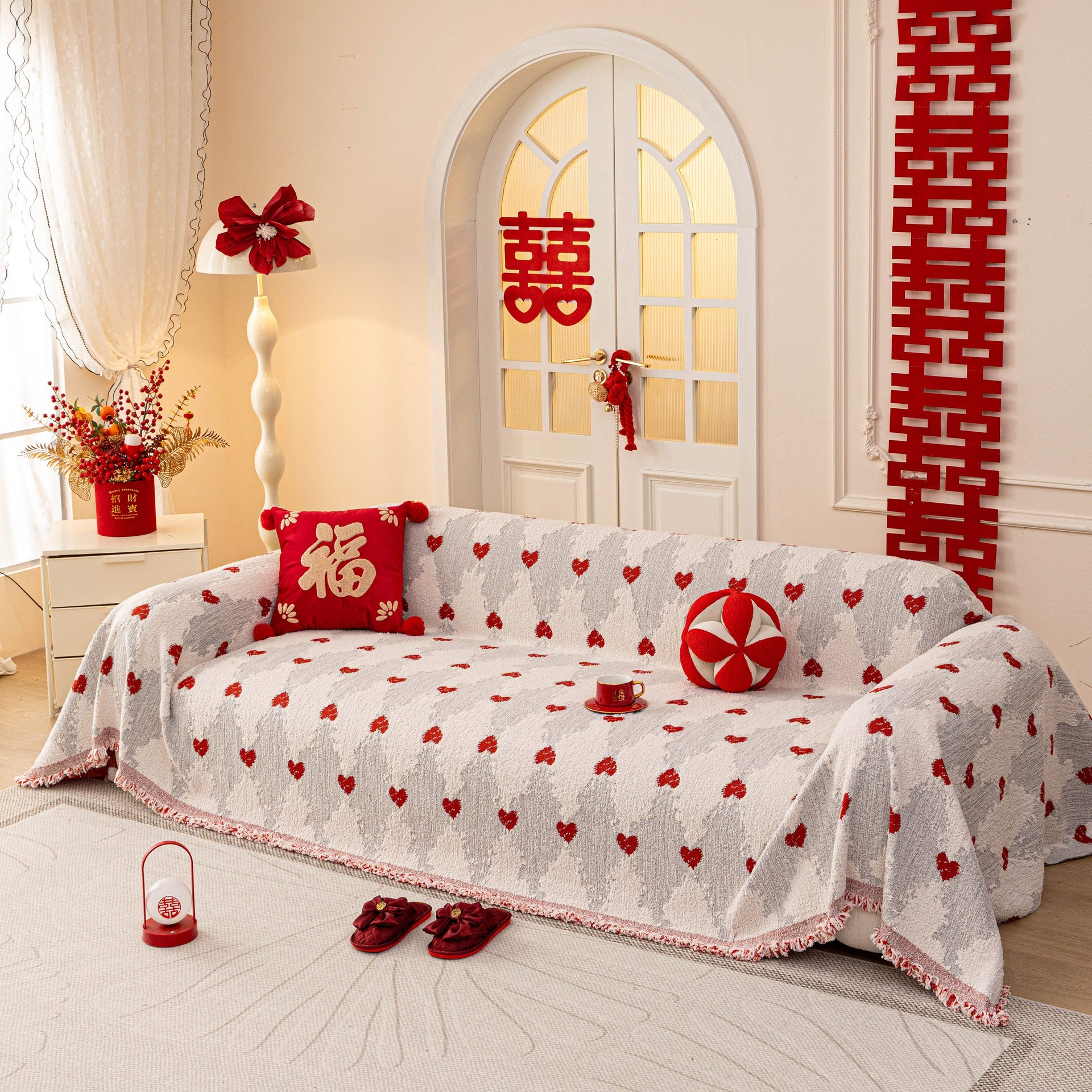 Chinese New Year Sofa Throw Cover Blanket, Decor Festive Red Fu Pattern Couch Cover