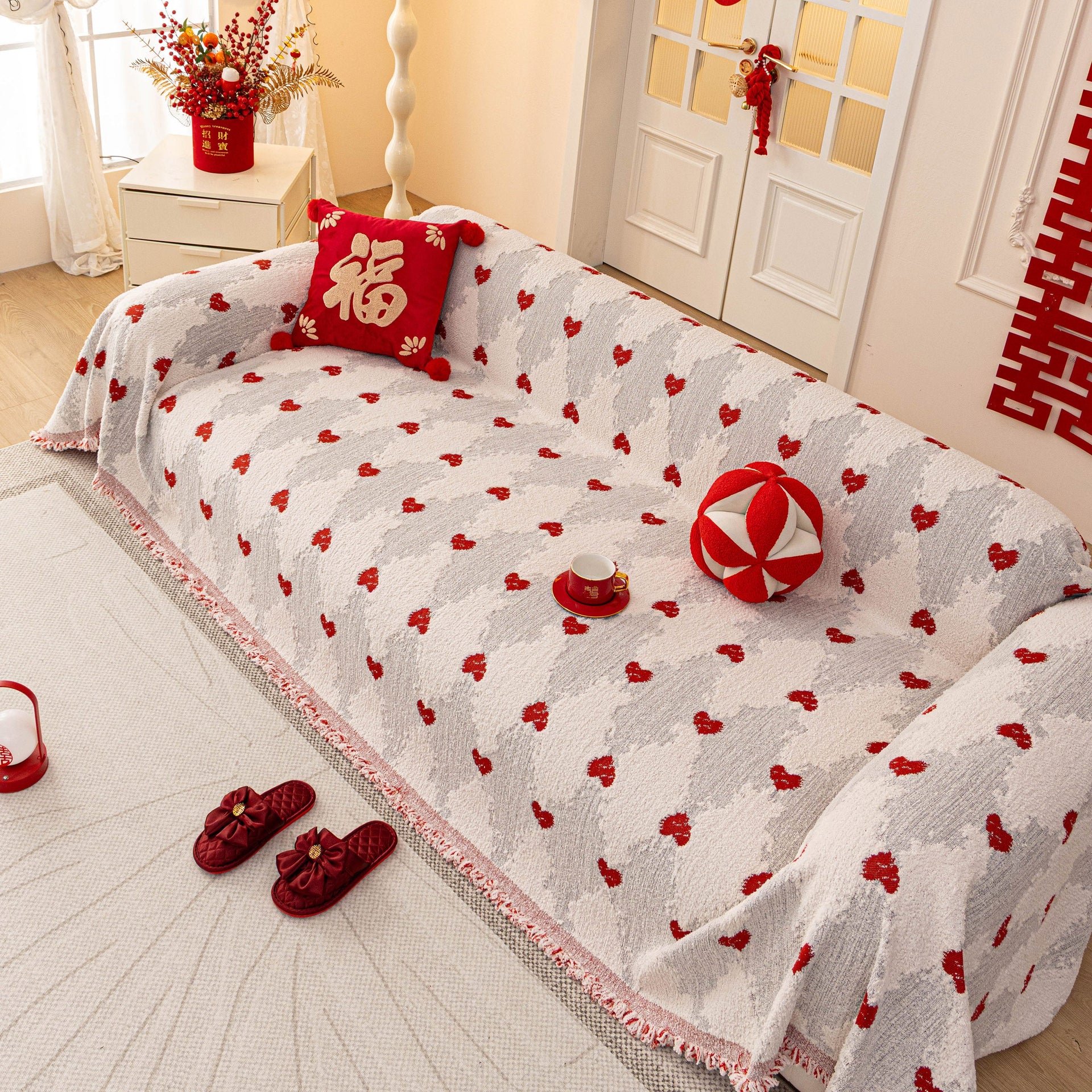 Chinese New Year Sofa Throw Cover Blanket, Decor Festive Red Fu Pattern Couch Cover