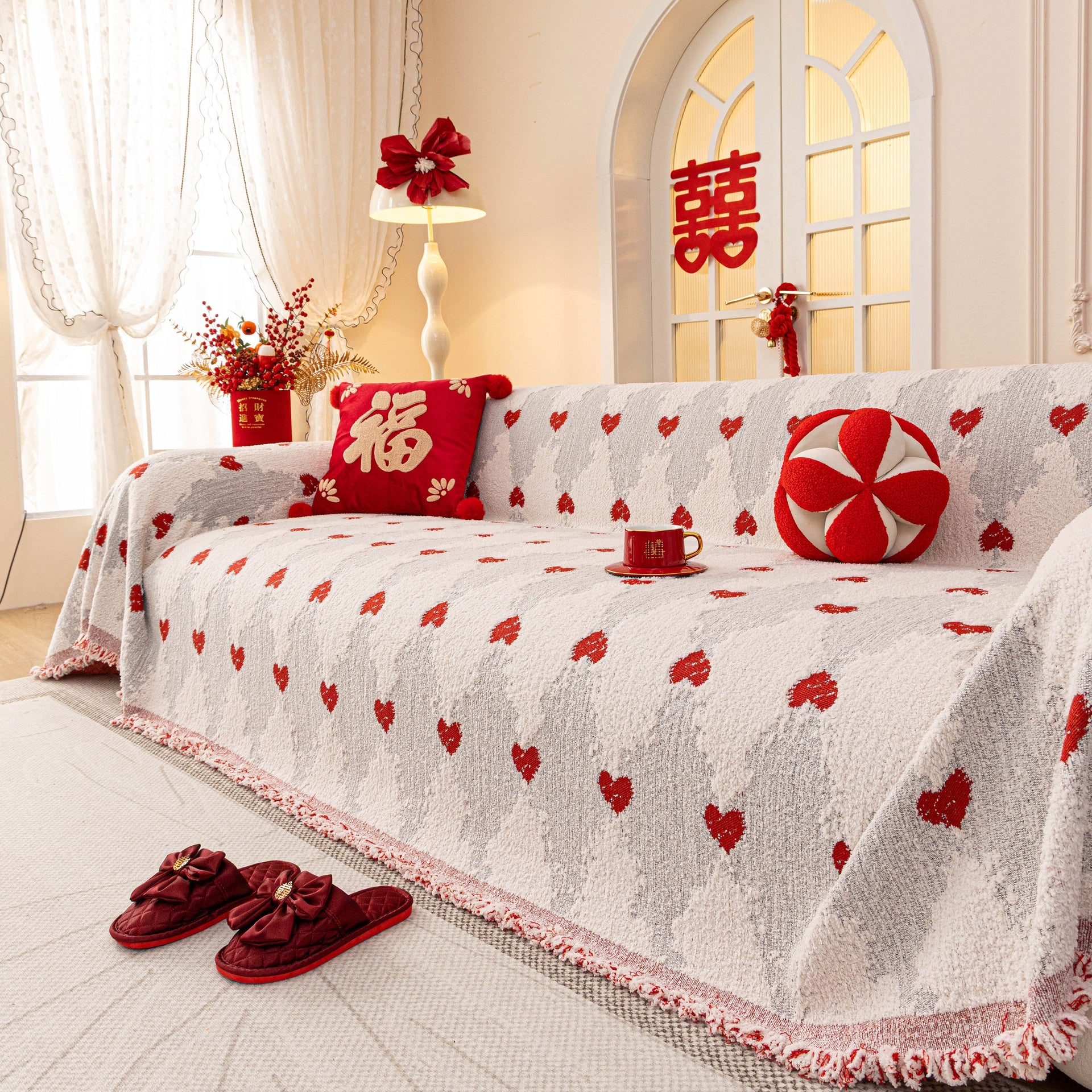 Chinese New Year Sofa Throw Cover Blanket, Decor Festive Red Fu Pattern Couch Cover