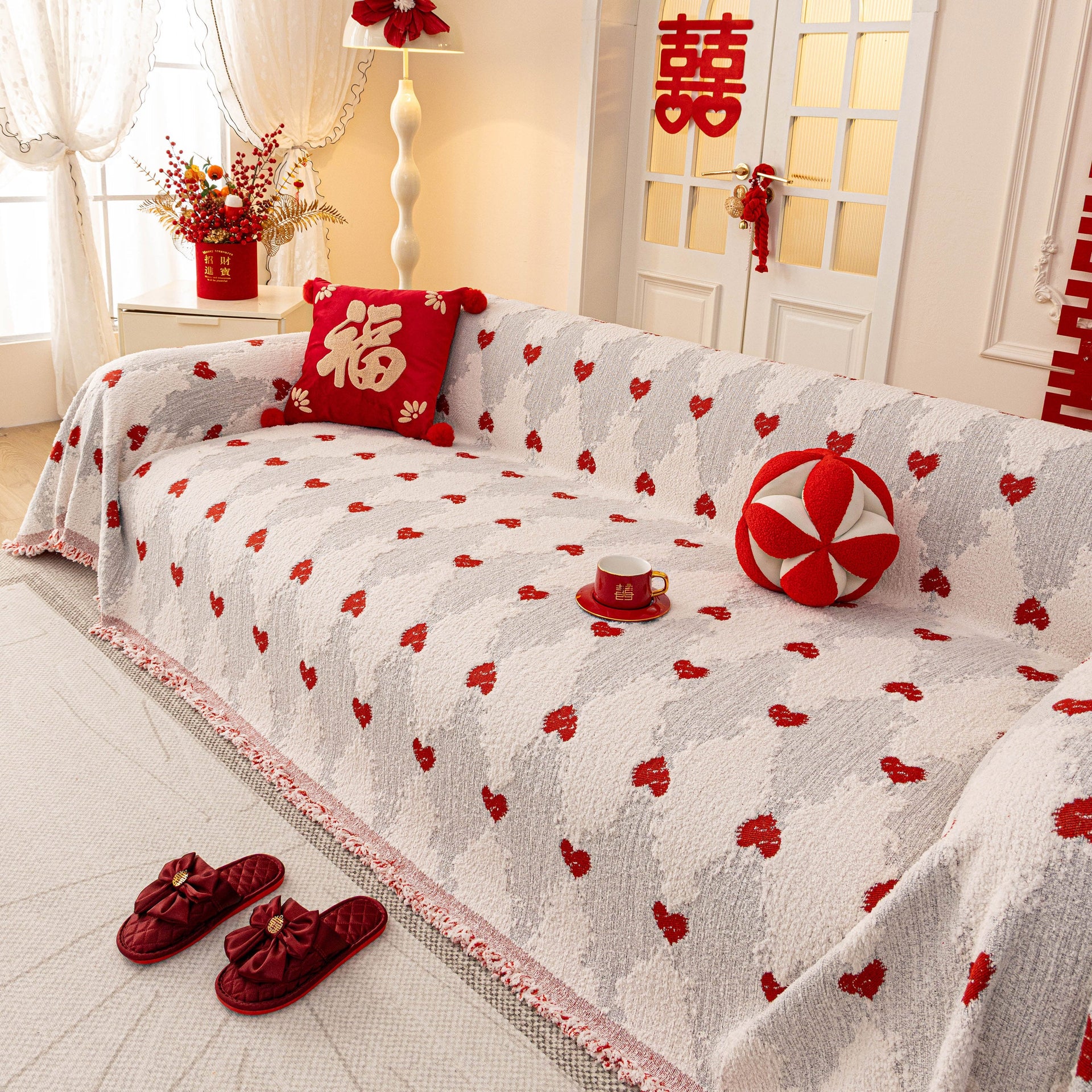 Chinese New Year Sofa Throw Cover Blanket, Decor Festive Red Fu Pattern Couch Cover