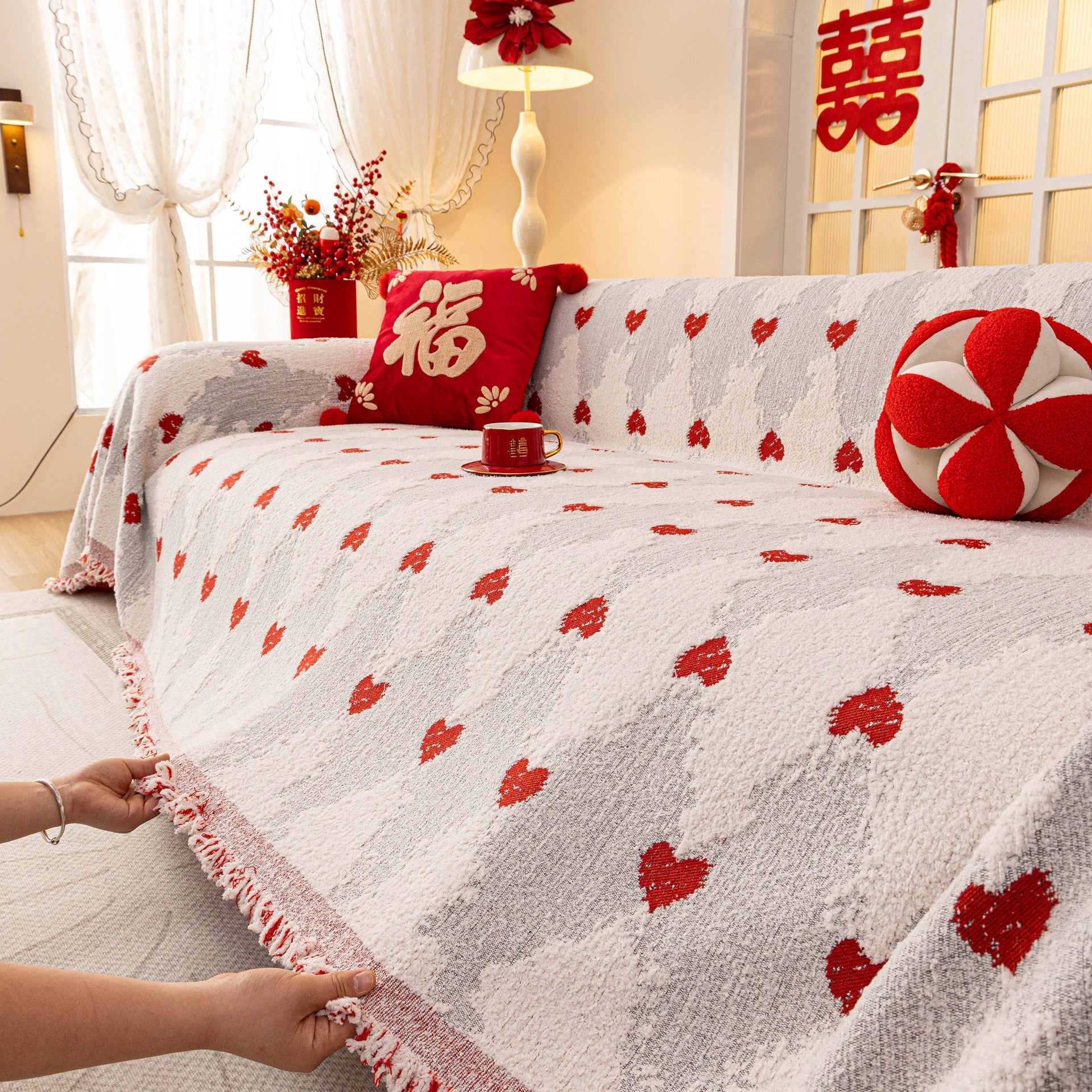 Chinese New Year Sofa Throw Cover Blanket, Decor Festive Red Fu Pattern Couch Cover