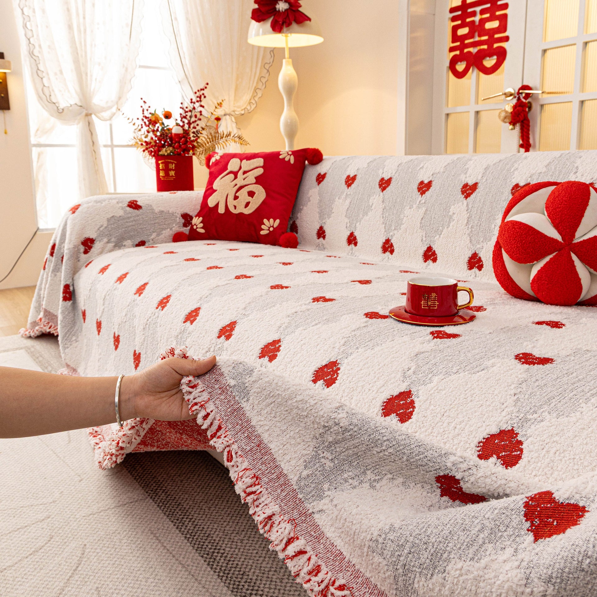 Chinese New Year Sofa Throw Cover Blanket, Decor Festive Red Fu Pattern Couch Cover