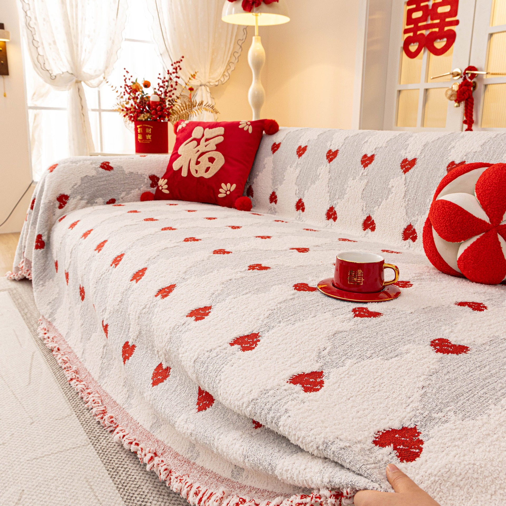 Chinese New Year Sofa Throw Cover Blanket, Decor Festive Red Fu Pattern Couch Cover