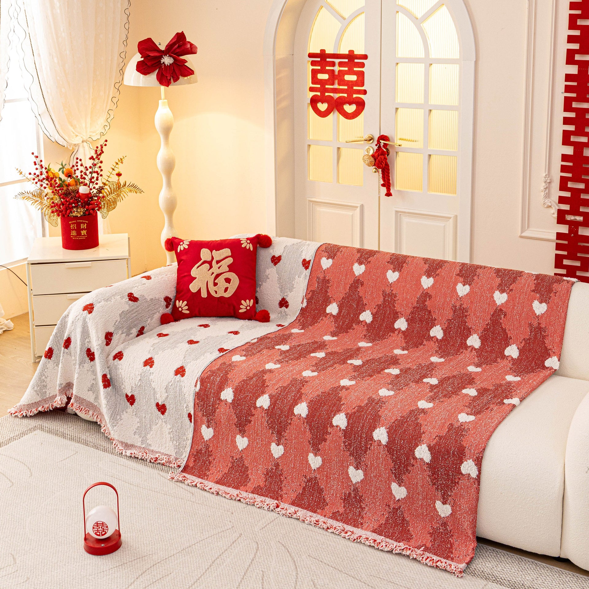 Chinese New Year Sofa Throw Cover Blanket, Decor Festive Red Fu Pattern Couch Cover